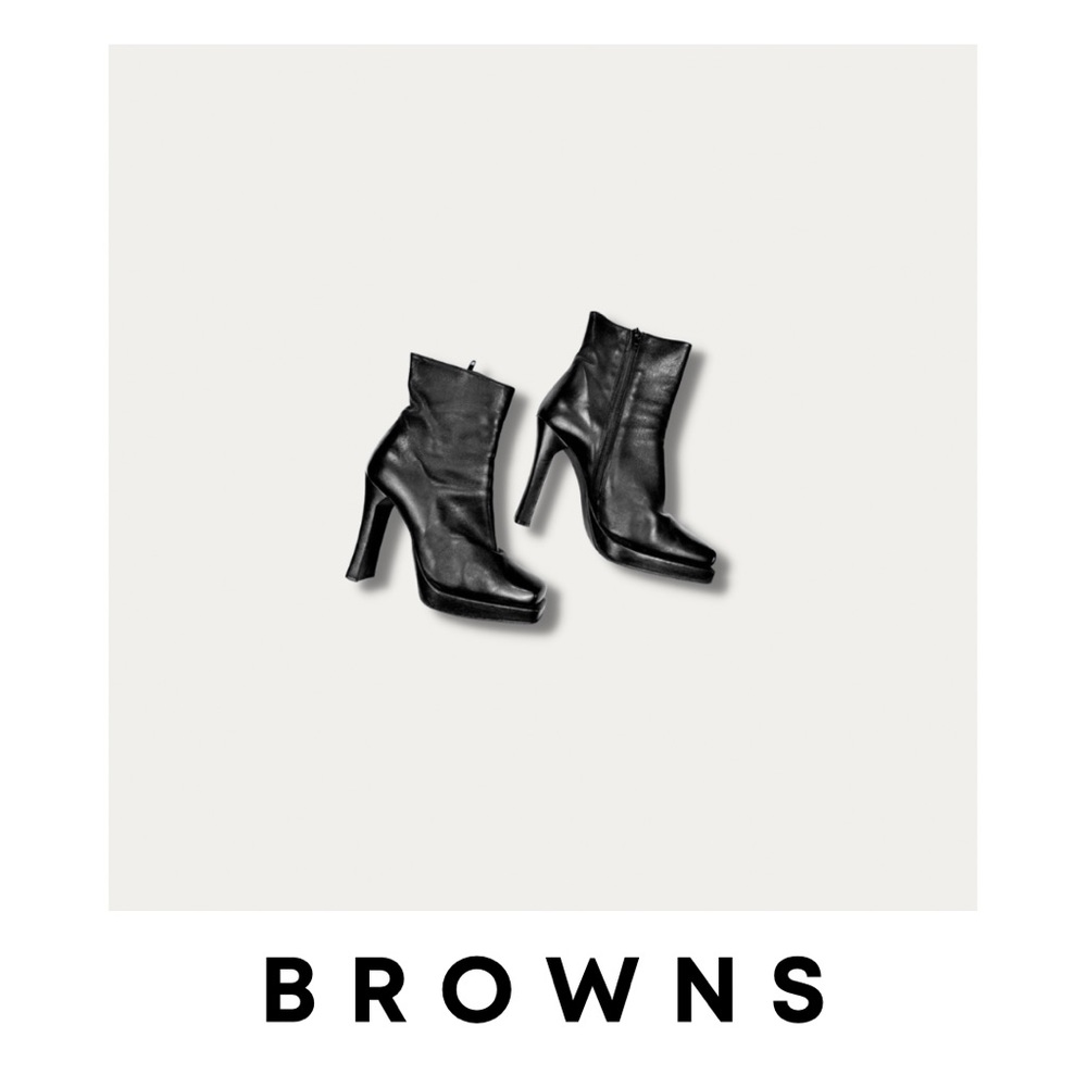 Browns Black Square Toe Leather Heeled Boots